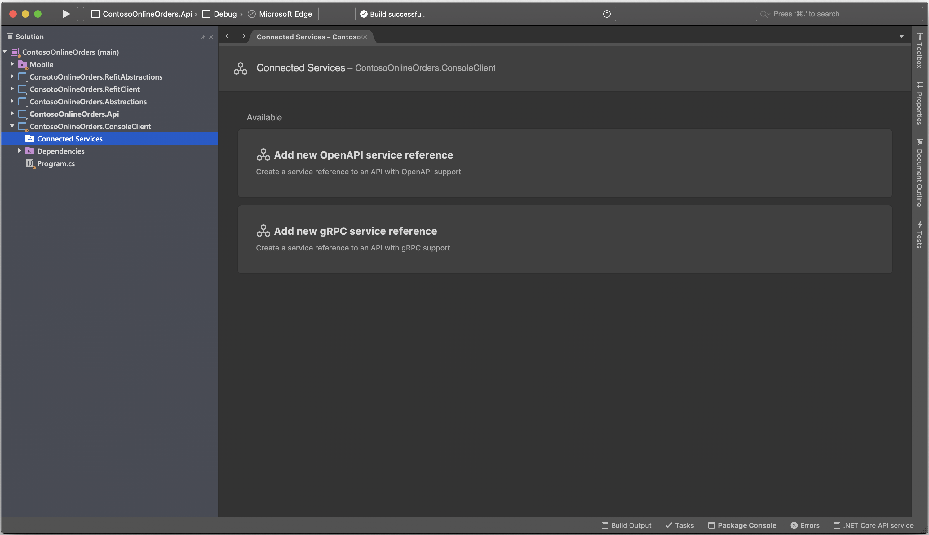 example visual studio for mac building backend api project